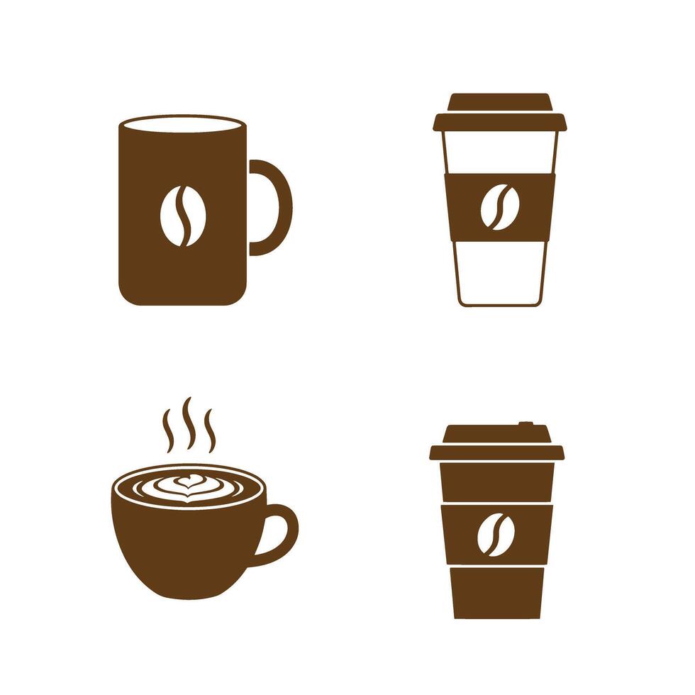 Simple brown silhouette illustrations depicting coffee beverages including mugs cups and to go containers perfect for cafe branding or logo design vector