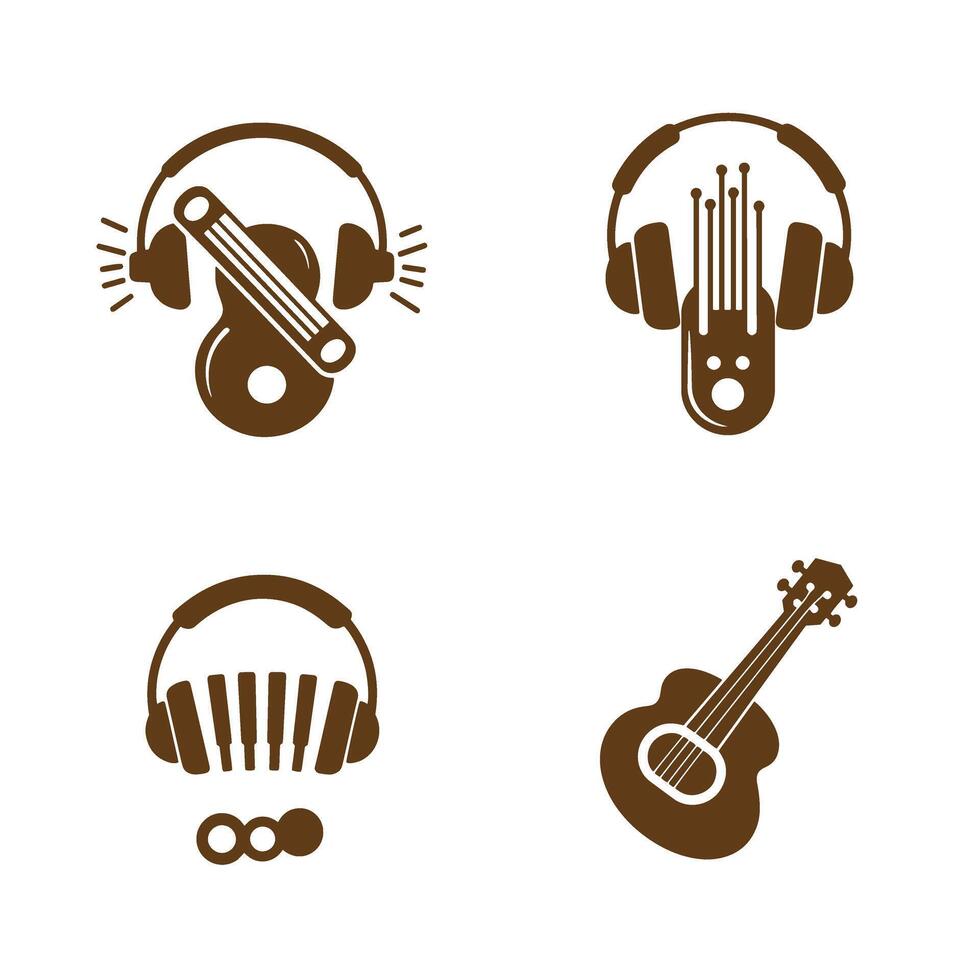 Set of four brown musical silhouette logos showcasing headphones guitars and piano keys elements on a clean white background representing music and sound concepts vector