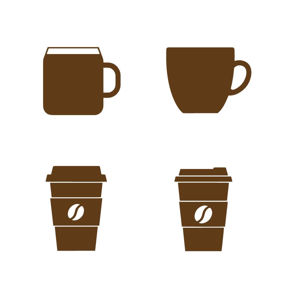 A collection of brown coffee cup silhouettes and takeaway coffee cup silhouettes against a clean white background representing the coffee experience. vector
