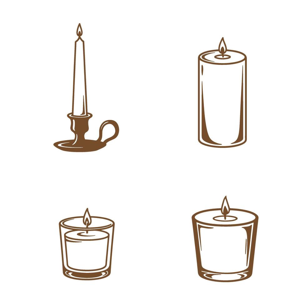 Brown silhouette illustrations featuring various candle designs including a taper candle a pillar candle and two scented candles for design and decoration vector