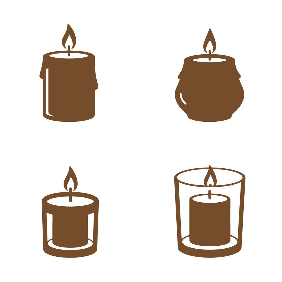 A set of four decorative candles in a brown color silhouette with burning flames a simple and modern graphic design on a white background. vector