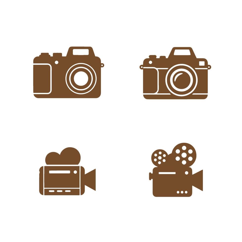 A brown colored collection of photography and film equipment icons featuring camera and camera silhouettes in simple graphic designs vector