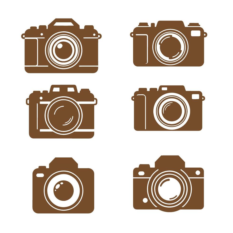 Six stylized illustrations depicting different digital camera designs rendered in a simple brown silhouette against a clean white background for varied applications. vector