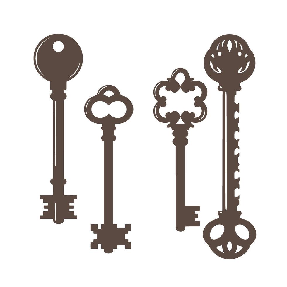 Collection of four vintage decorative keys silhouetted in brown displaying unique ornamental designs and patterns against a clean white background vector
