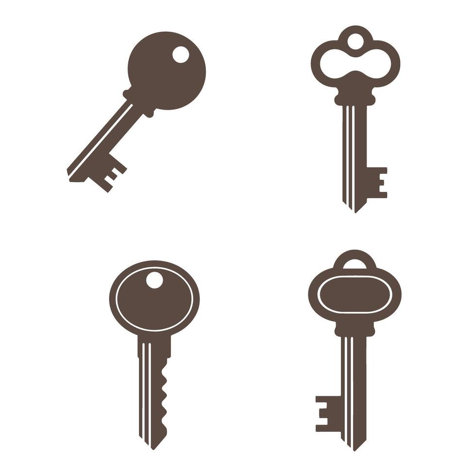 Four distinct antique key silhouettes arranged against a pure white background representing security and access with varying decorative designs. vector