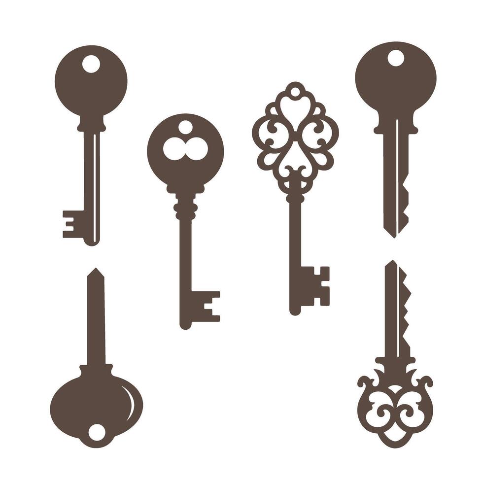 Decorative silhouette of antique keys with various vintage designs and intricate keyhole shapes isolated against a crisp white background. vector