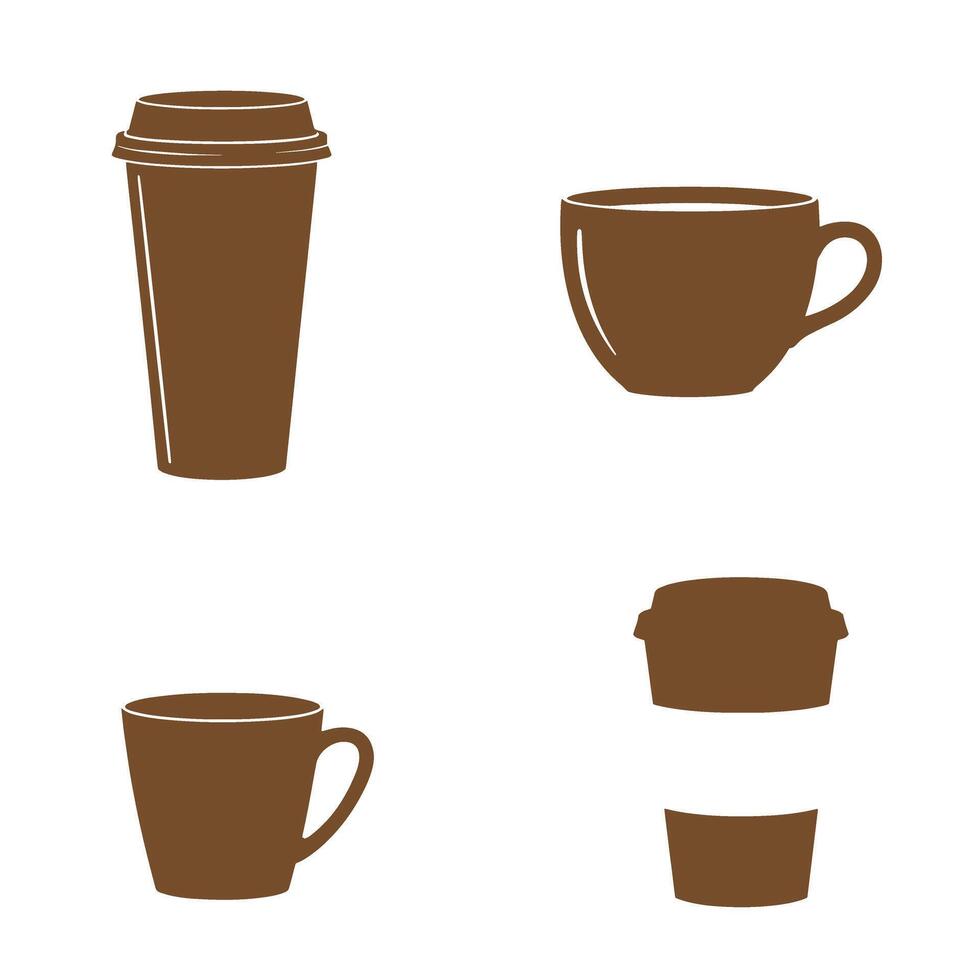 Isolated illustrations showcasing different coffee cup and mug silhouettes in a brown color, including a takeaway coffee cup design suitable for graphics. vector