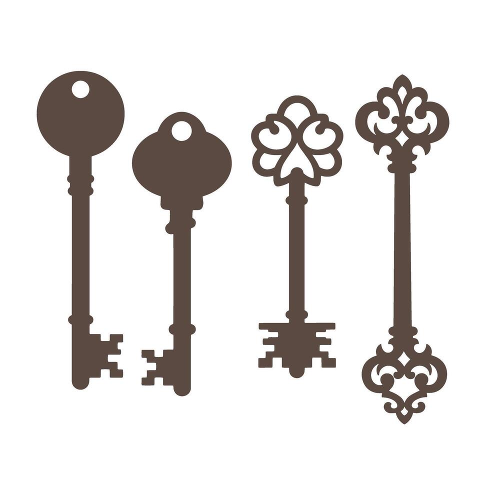Four antique silhouette keys in brown isolated on white background ideal for vintage decoration designs and concepts vector