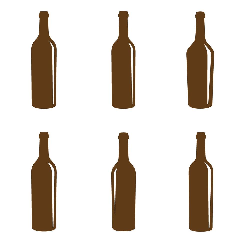 Six brown wine bottle silhouettes arranged on a white background perfect for beverage related concepts and designs for logos and branding vector