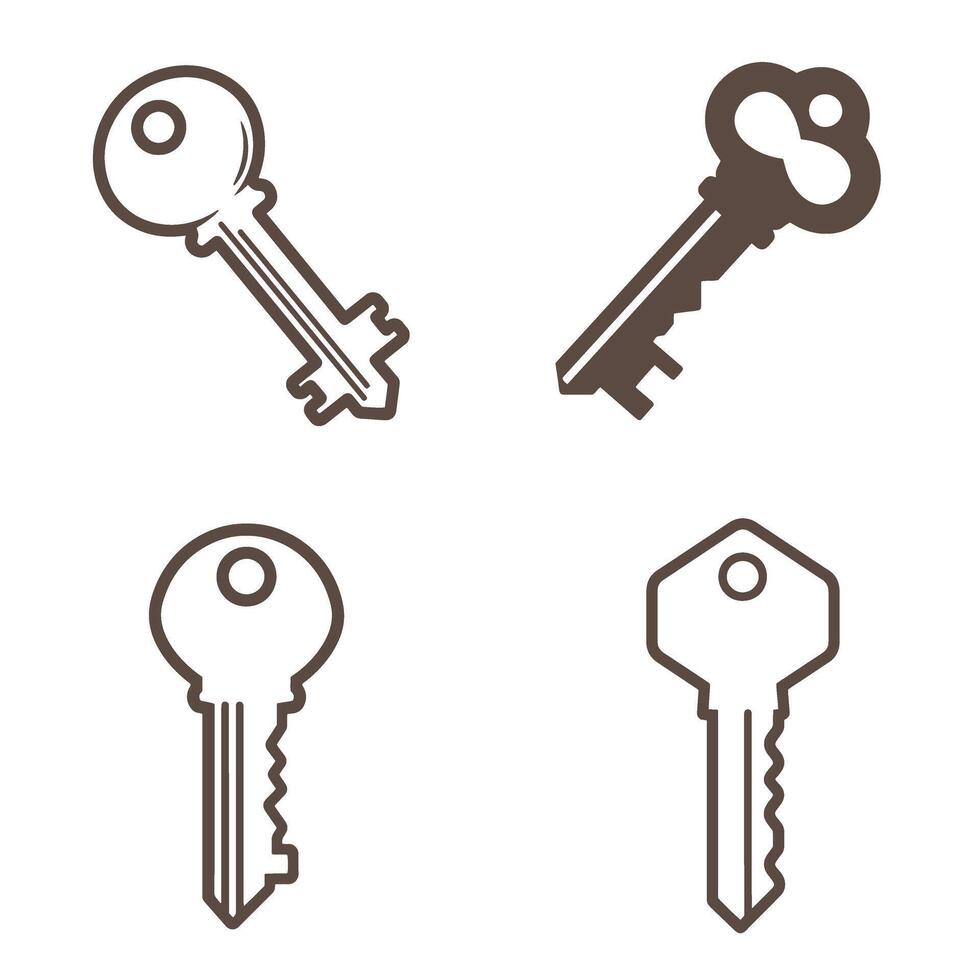 Collection of four different vintage keys with brown silhouette outlines on white background for security and access concepts vector