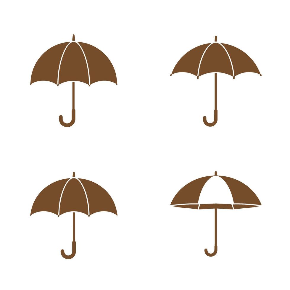 Four brown silhouette umbrellas arranged against a clean white background representing concepts of weather protection and design elements. vector