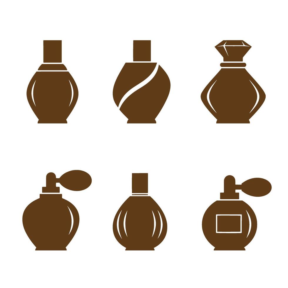 Collection of elegant brown silhouette perfume bottles in various shapes and designs suitable for beauty and fragrance product marketing vector