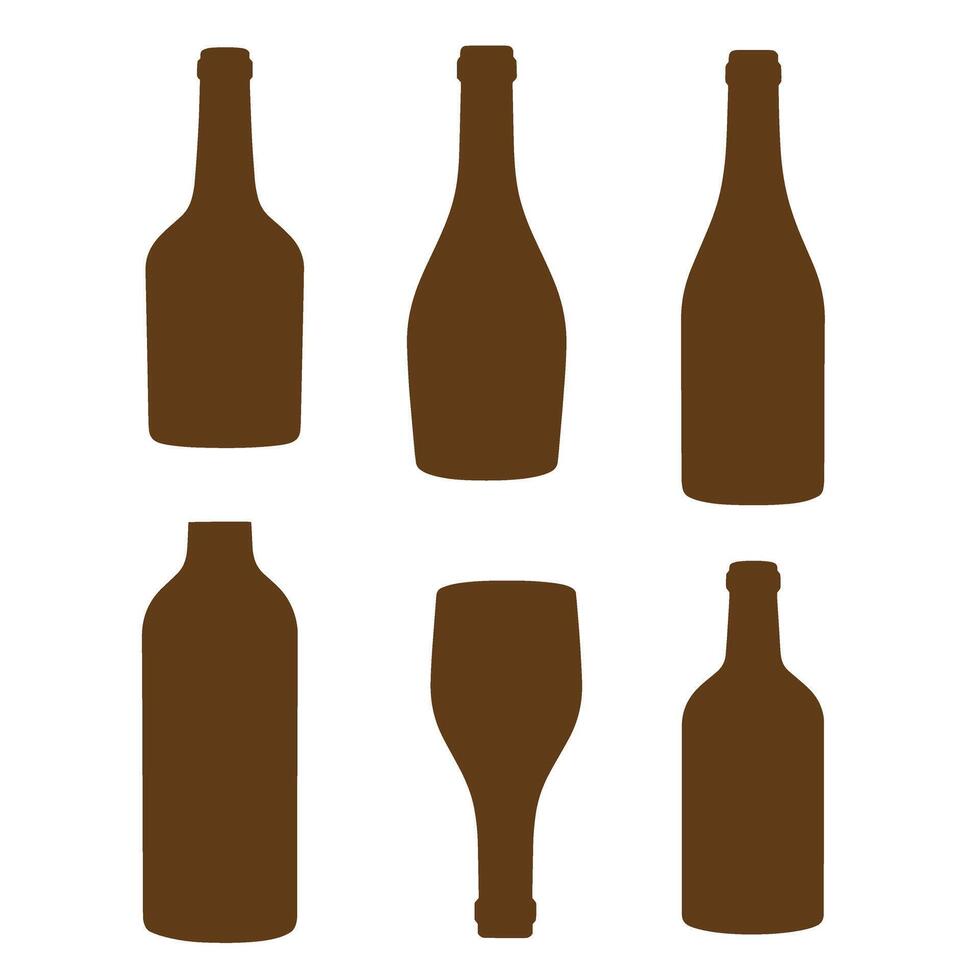 Brown silhouettes of wine bottles and a glass representing various shapes for drinks and beverages isolated on white background vector