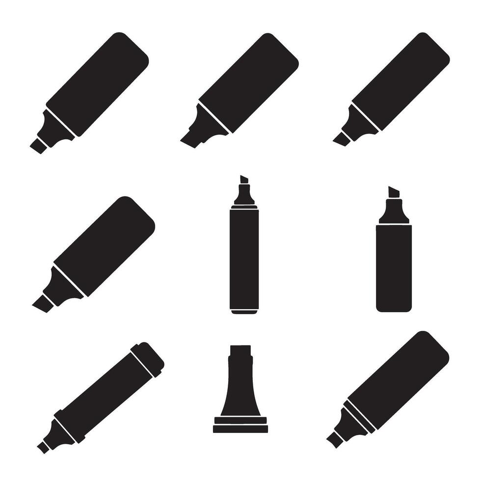 Black silhouette illustrations of markers and highlighters in various angles on white background vector