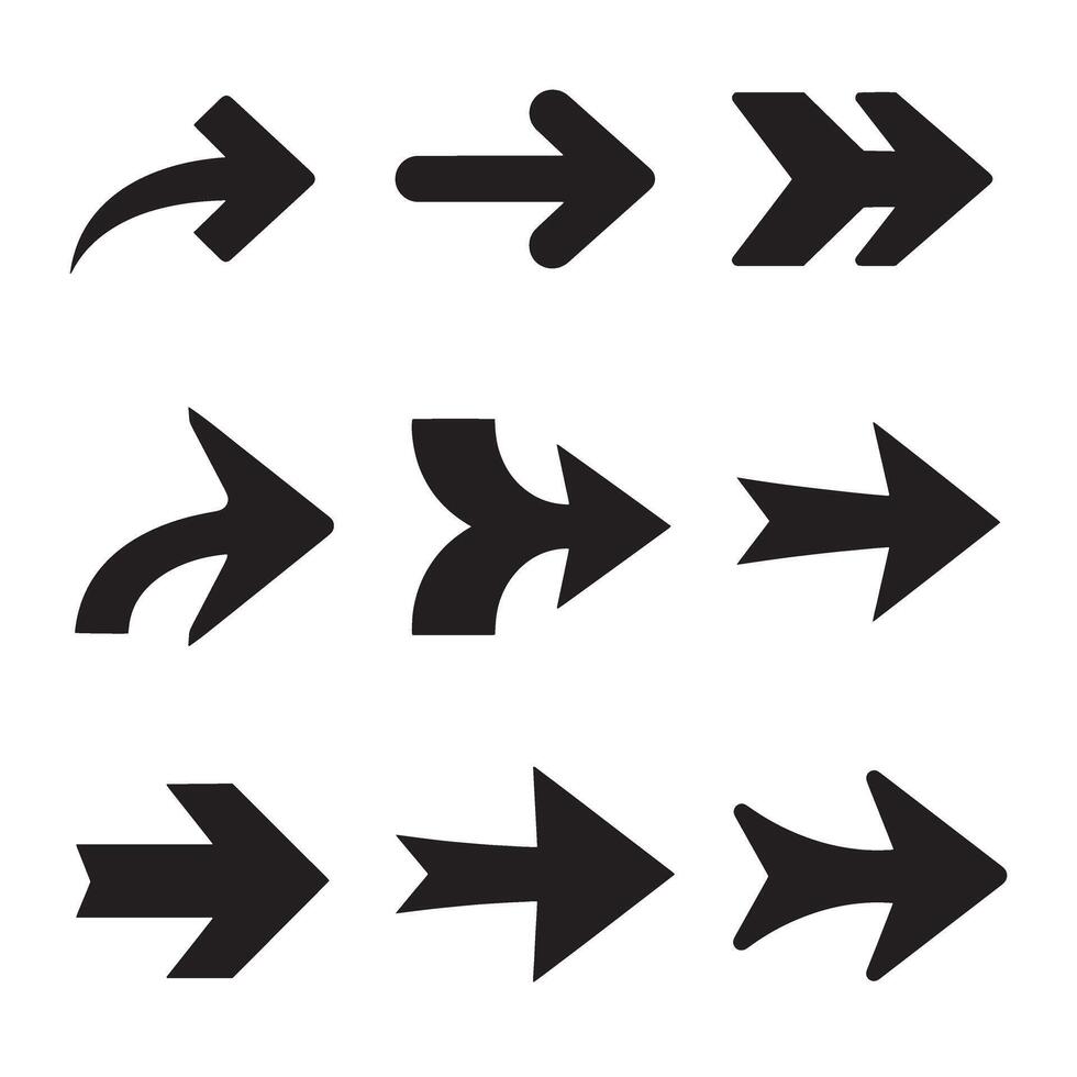 Collection of black arrow silhouettes pointing in various directions on a white background vector