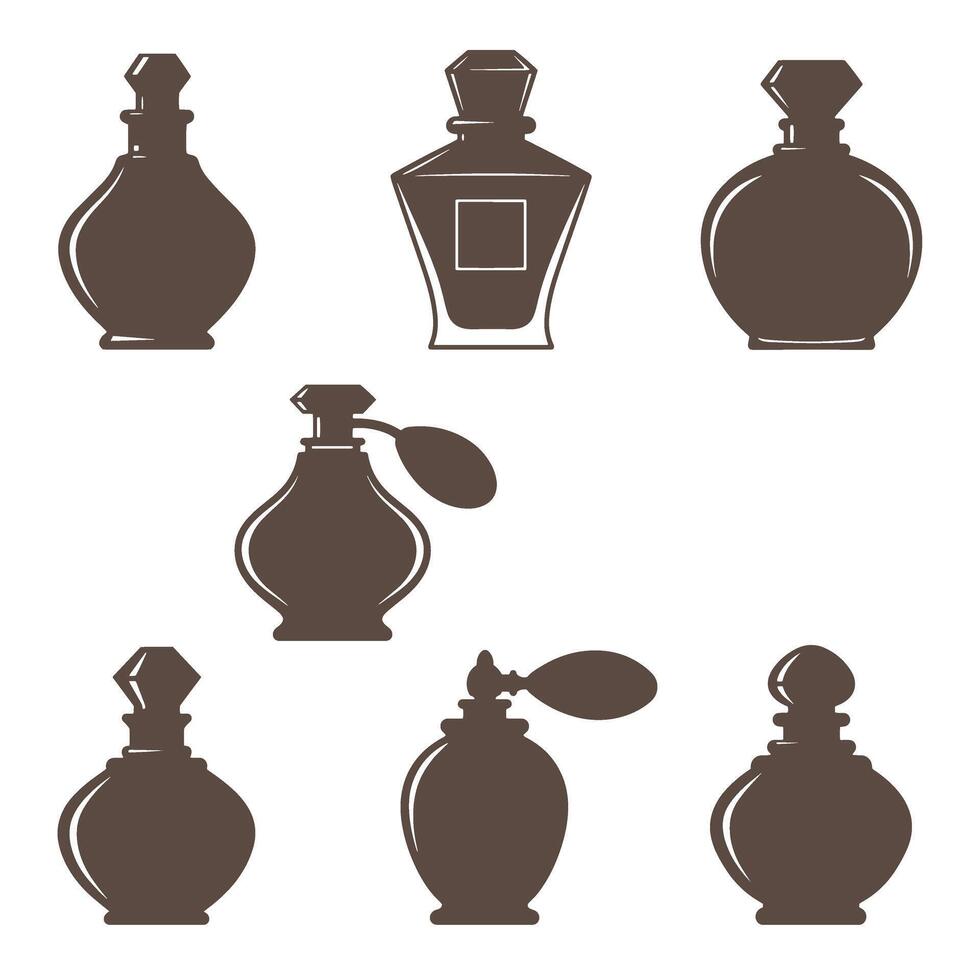 Collection of vintage perfume bottles in silhouette style depicting classic fragrance containers with unique shapes and designs for beauty and elegance. vector