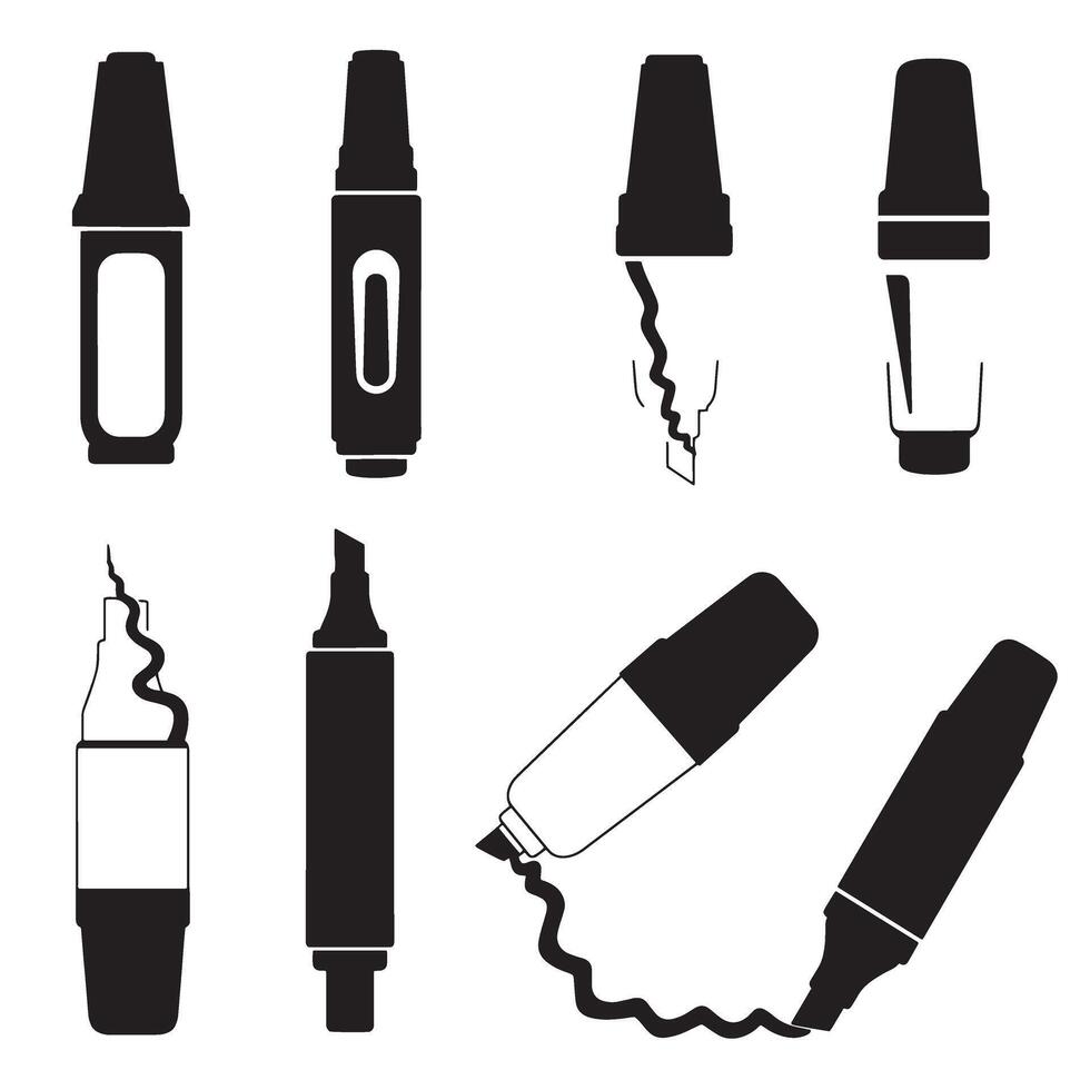 Black and white silhouette illustration of various different pen and marker designs vector