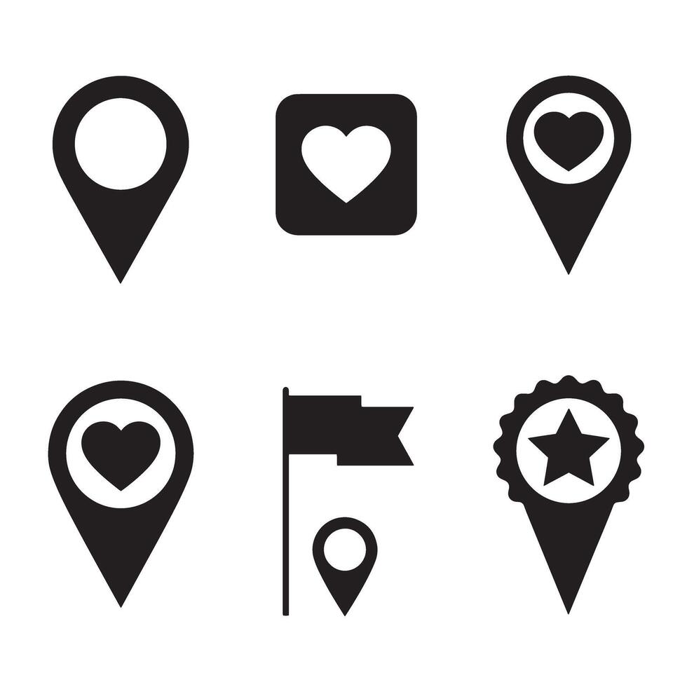 Set of black silhouette location pointers and symbols for mapping and navigation vector