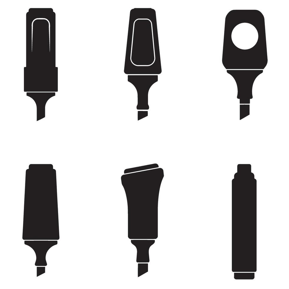 silhouette illustration of six different marker pen styles and designs in black vector