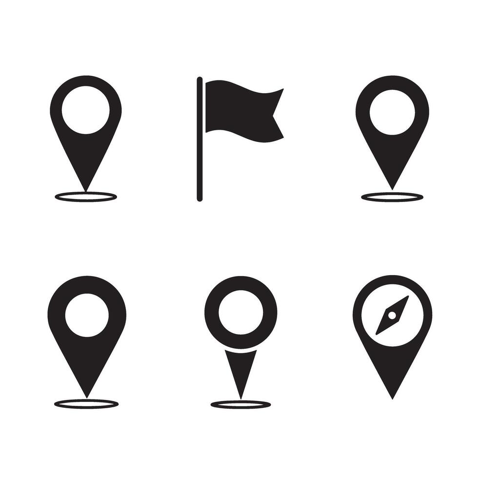 Set of minimalistic location pin icons and flag silhouette design on white background vector