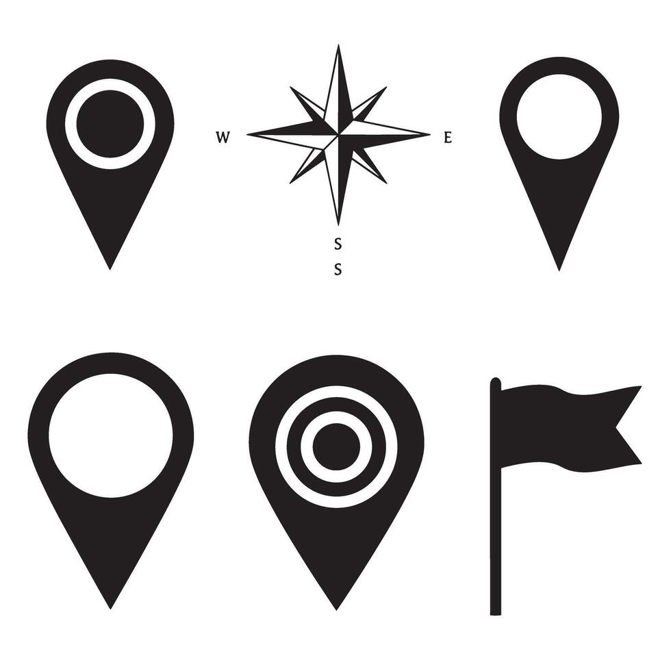 Collection of black silhouette navigation icons including compass rose and location markers vector