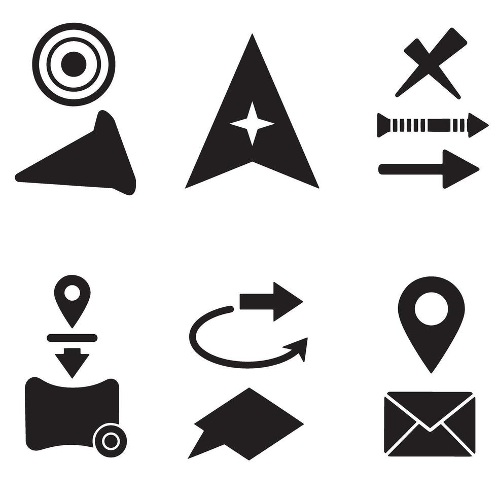 Black silhouette navigation and location icons set for design projects vector