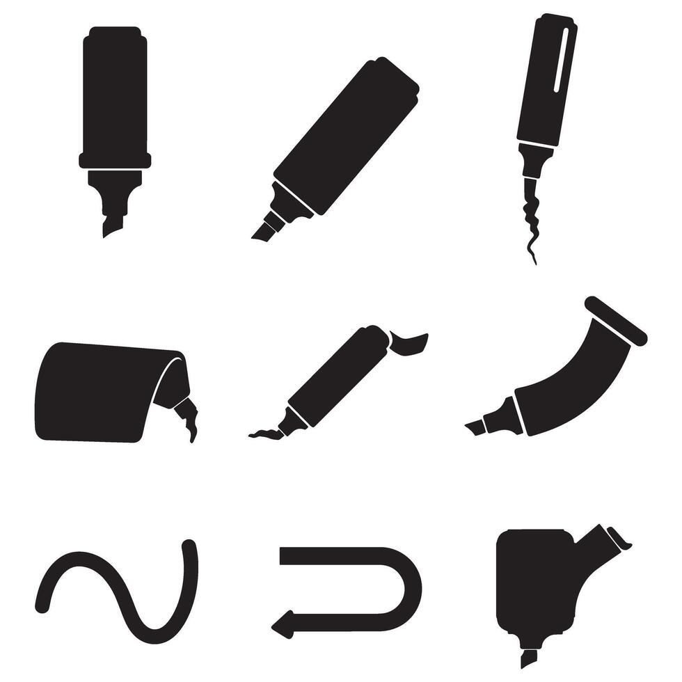 Collection of black silhouette markers in various positions and artistic shapes on white background vector