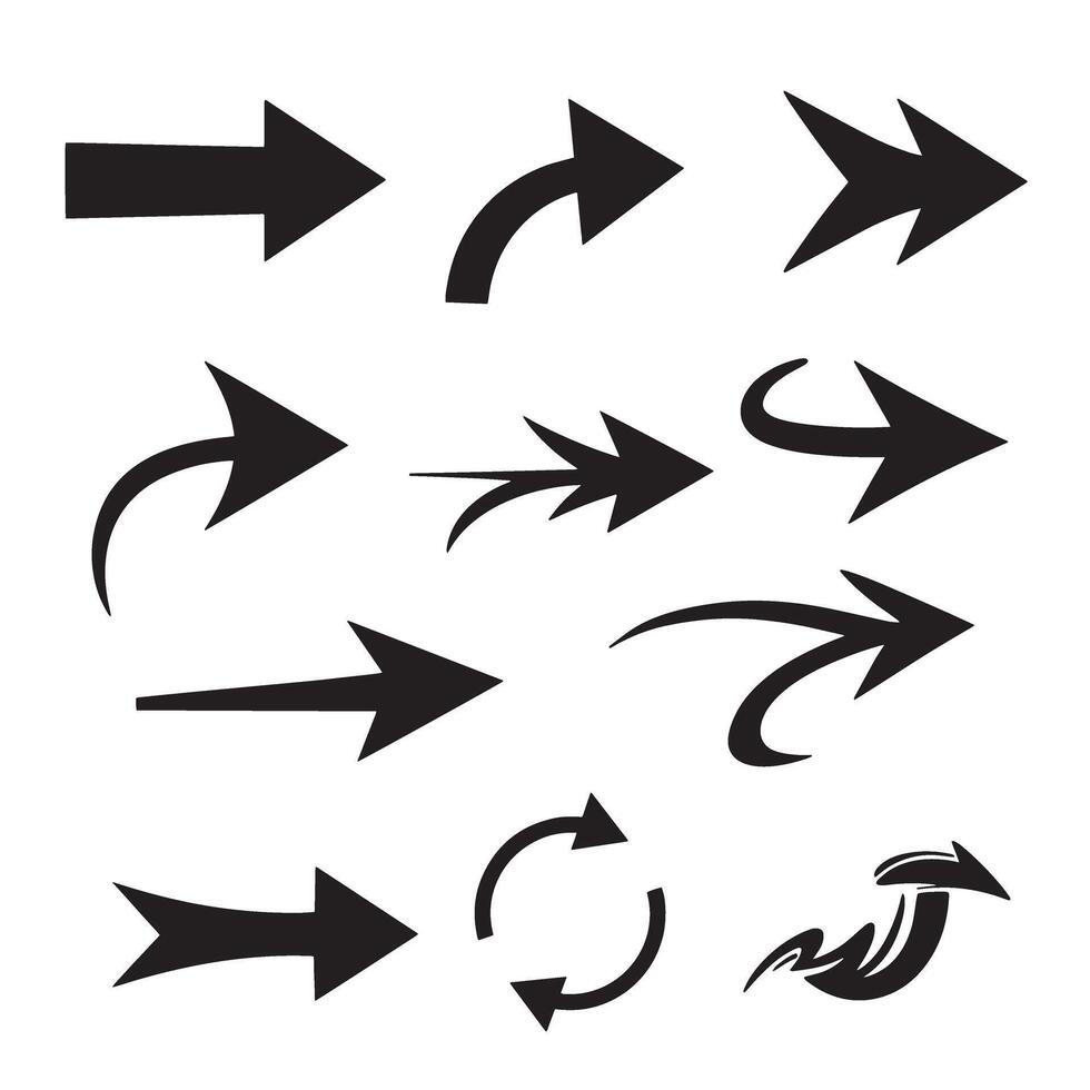 Collection of diverse black silhouette arrow icons pointing in various directions on white background vector