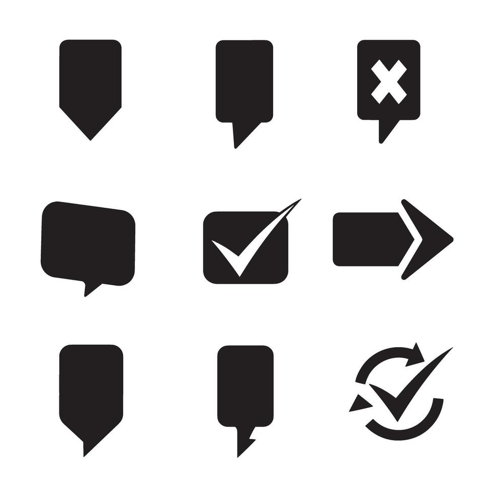 Black and white silhouette icon set including check marks arrows and speech bubbles vector