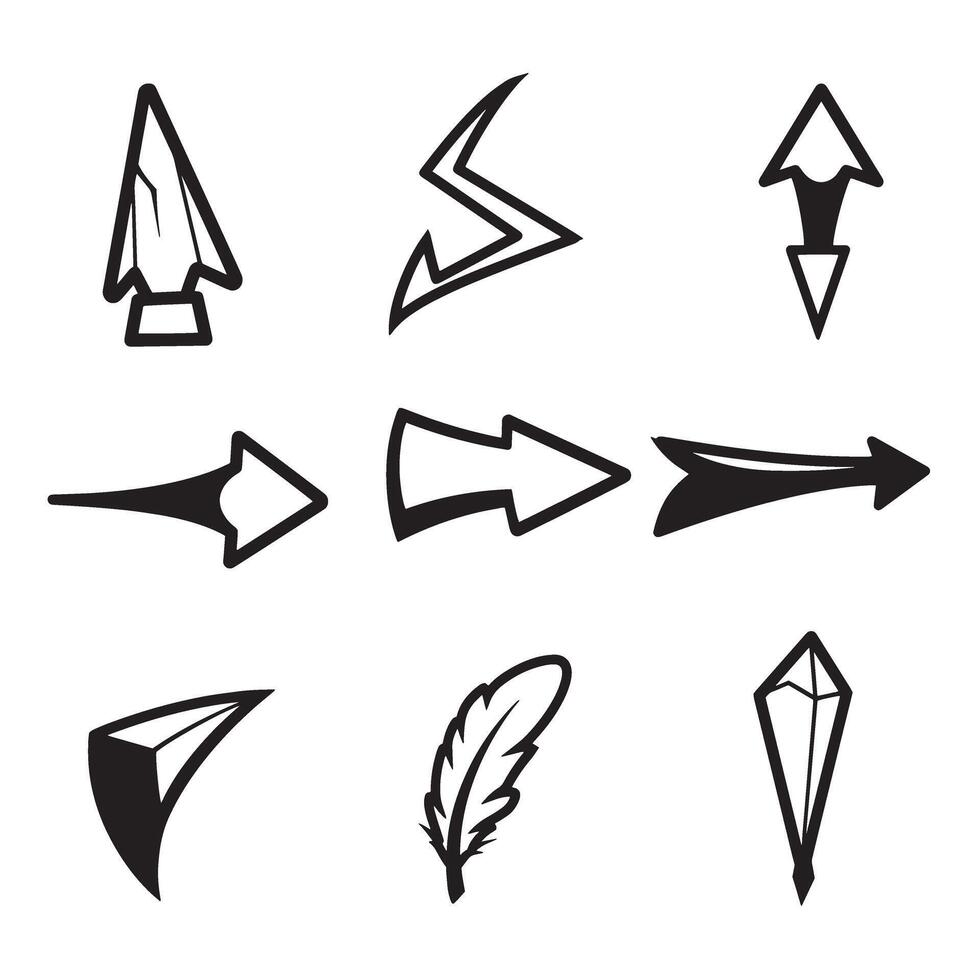 Collection of various hand drawn black and white silhouette arrows and decorative graphic elements vector