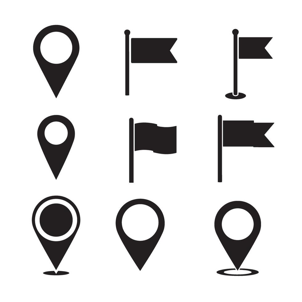 Set of location pins and flag icons in silhouette style for website design vector