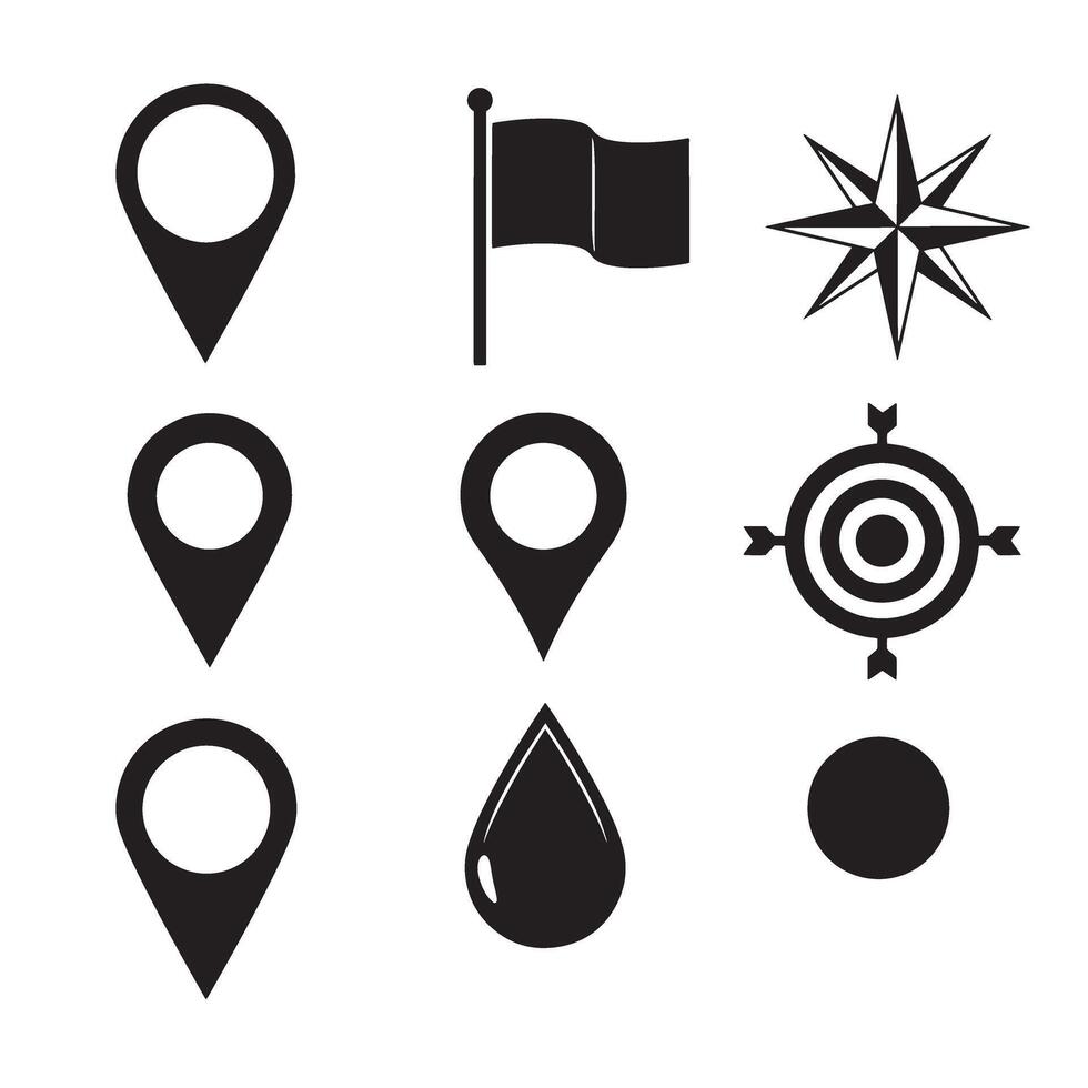 Collection of black silhouette icons including location pins flag compass and other various symbols vector