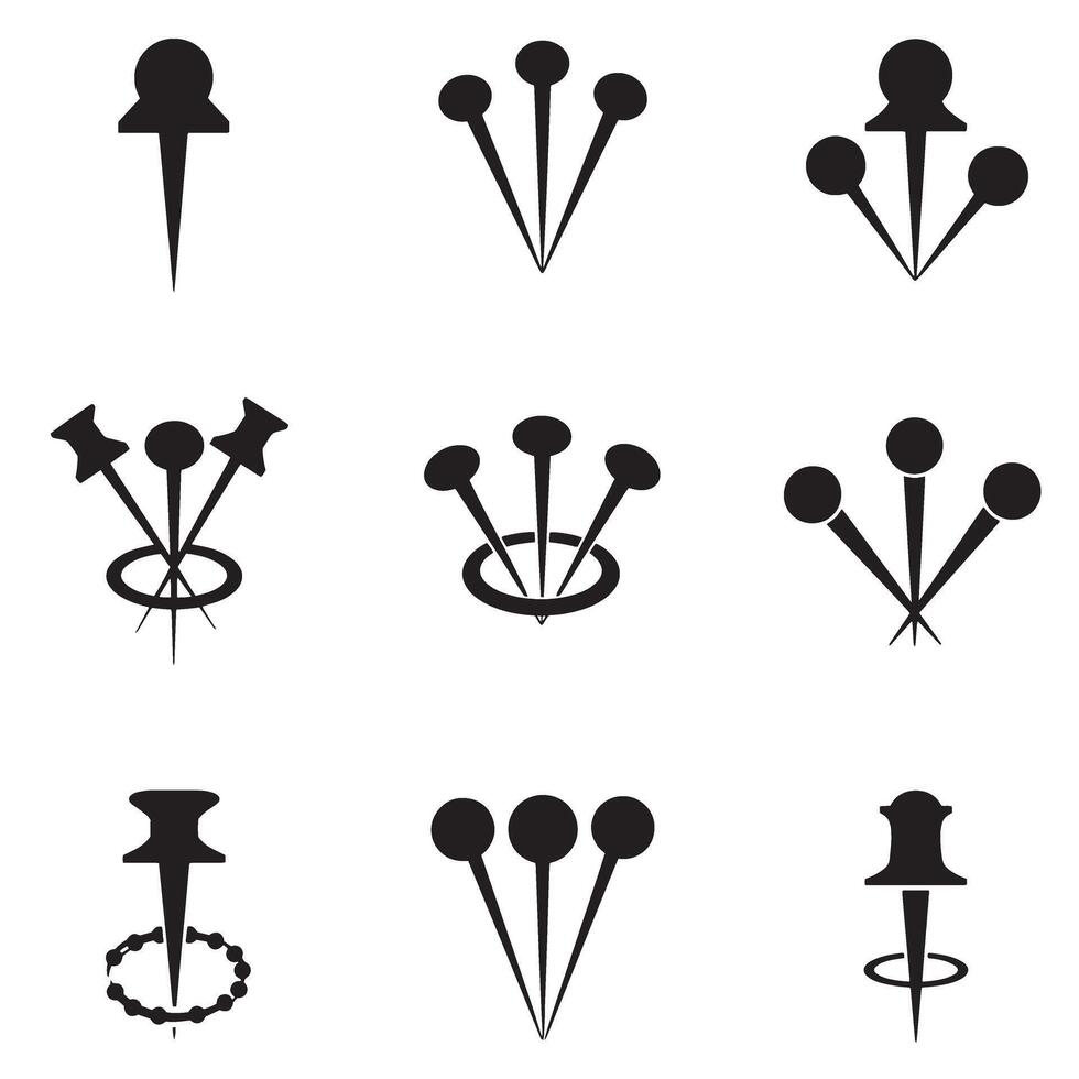 Collection of black and white silhouette thumbtacks in various arrangements and styles vector