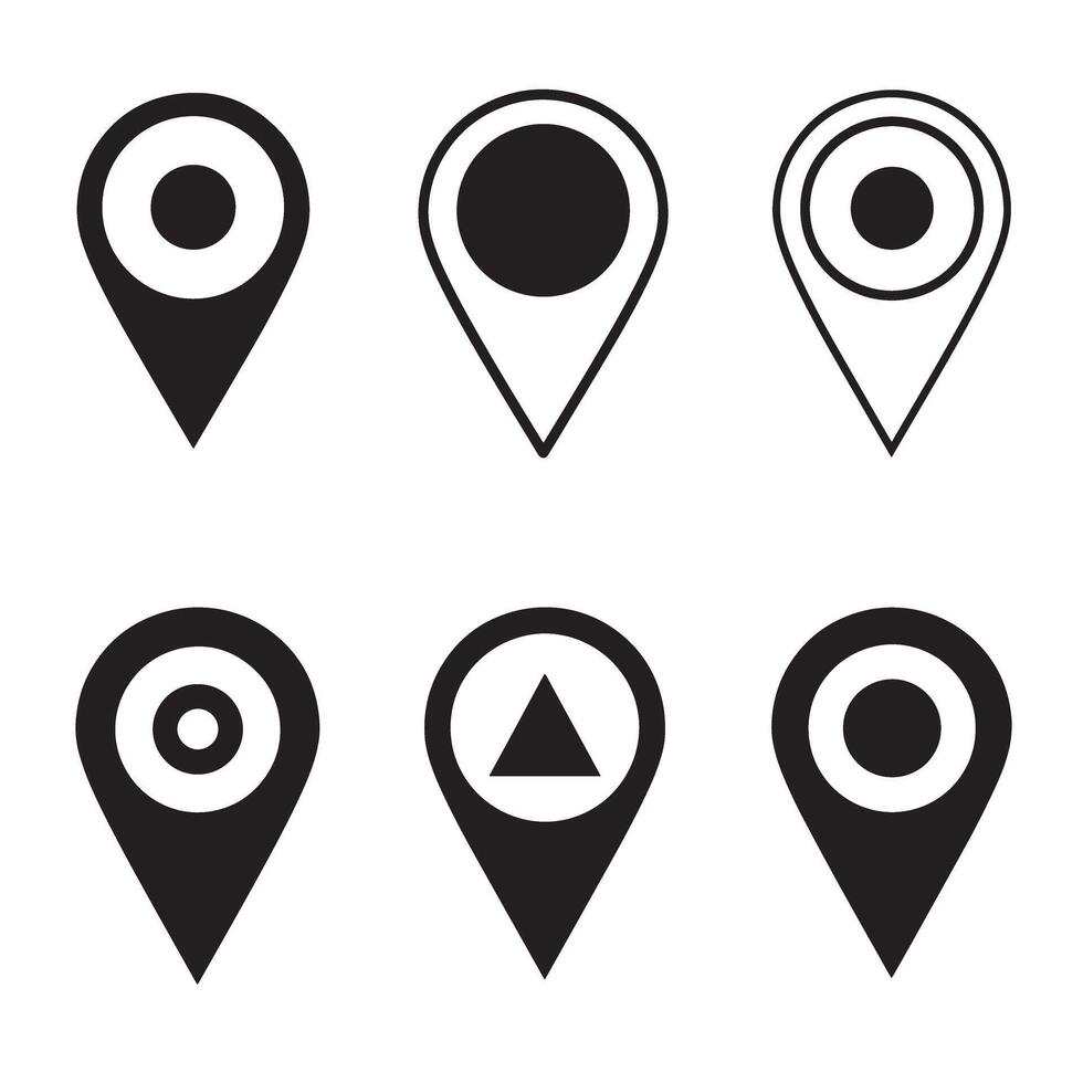 Set of six black and white location pin icon silhouettes for map navigation design vector