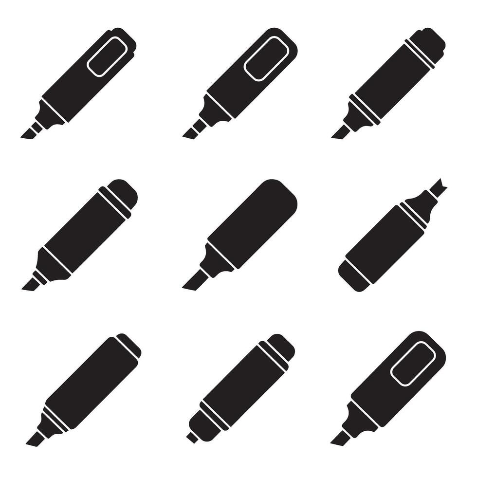 Black silhouette collection of marker pens and highlighters isolated on white background vector