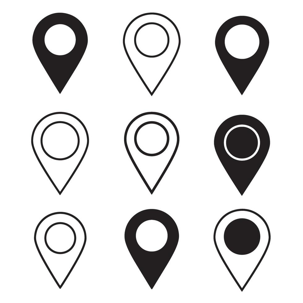 Collection of minimalist black and white location pin silhouettes representing map navigation vector