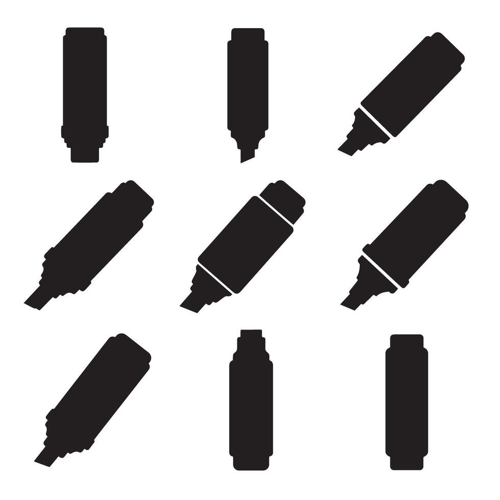 Silhouettes of various marker pens in different angles for educational and creative design purposes vector