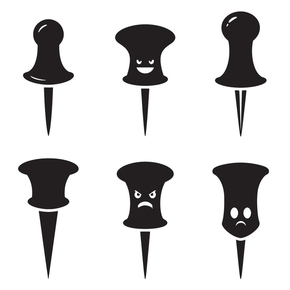 Set of six black and white silhouette push pins with various emotional expressions vector