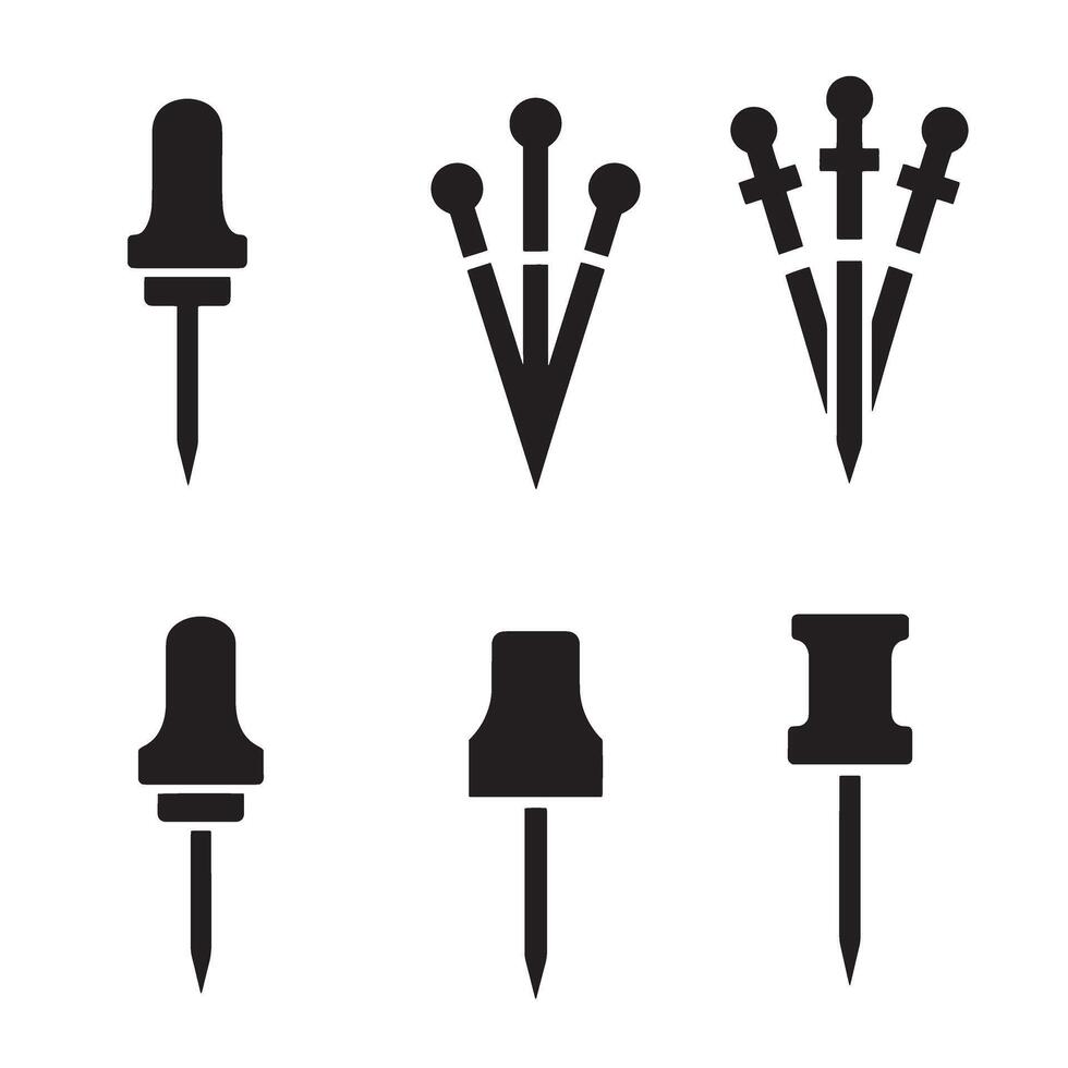 Collection of various black silhouette push pins for office and design elements vector
