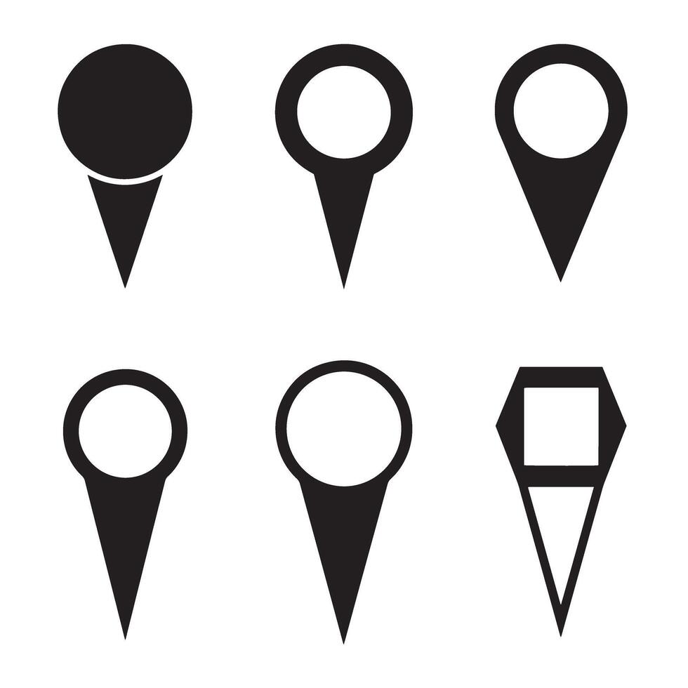 A collection of different minimalist location pin silhouettes in black color on white background vector