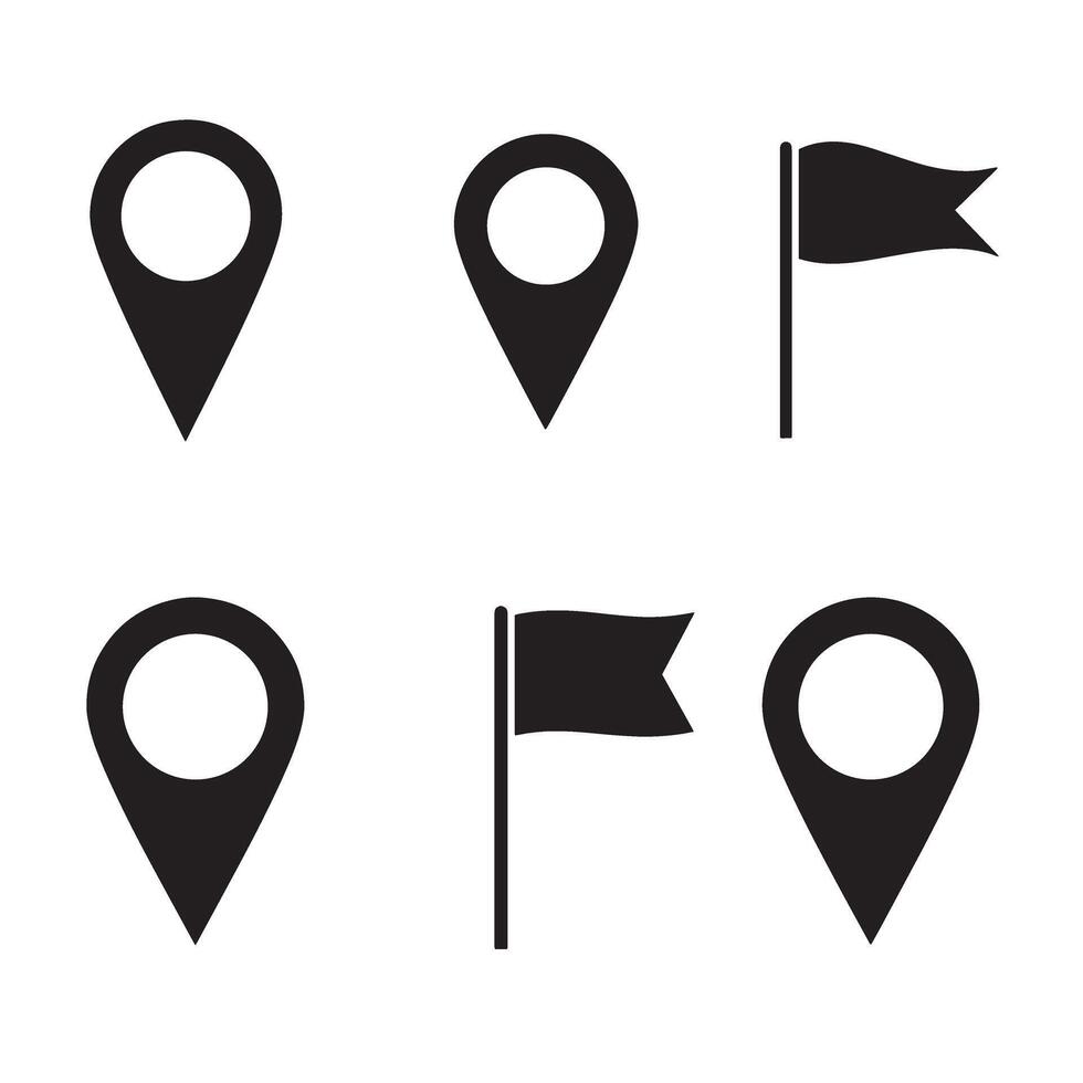 Set of silhouette location icons and flags representing navigation and direction vector