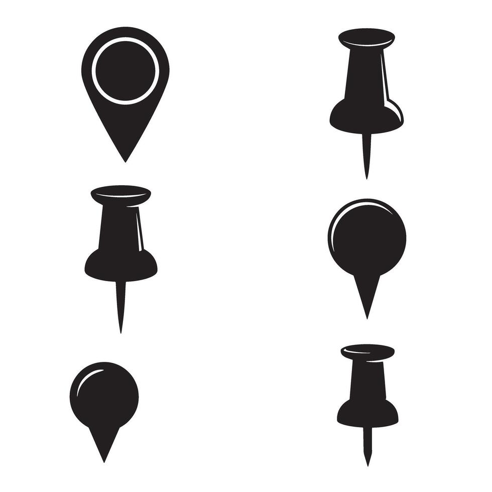 Collection of black silhouette map pin pointers and drawing pushpins isolated on white background vector