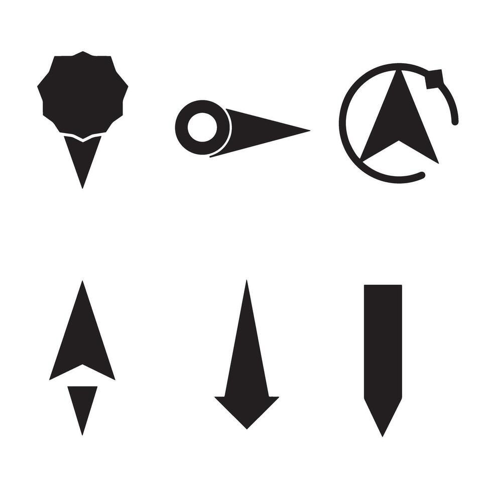 Simple silhouette collection of black arrows pointers and location pin icons on white background vector