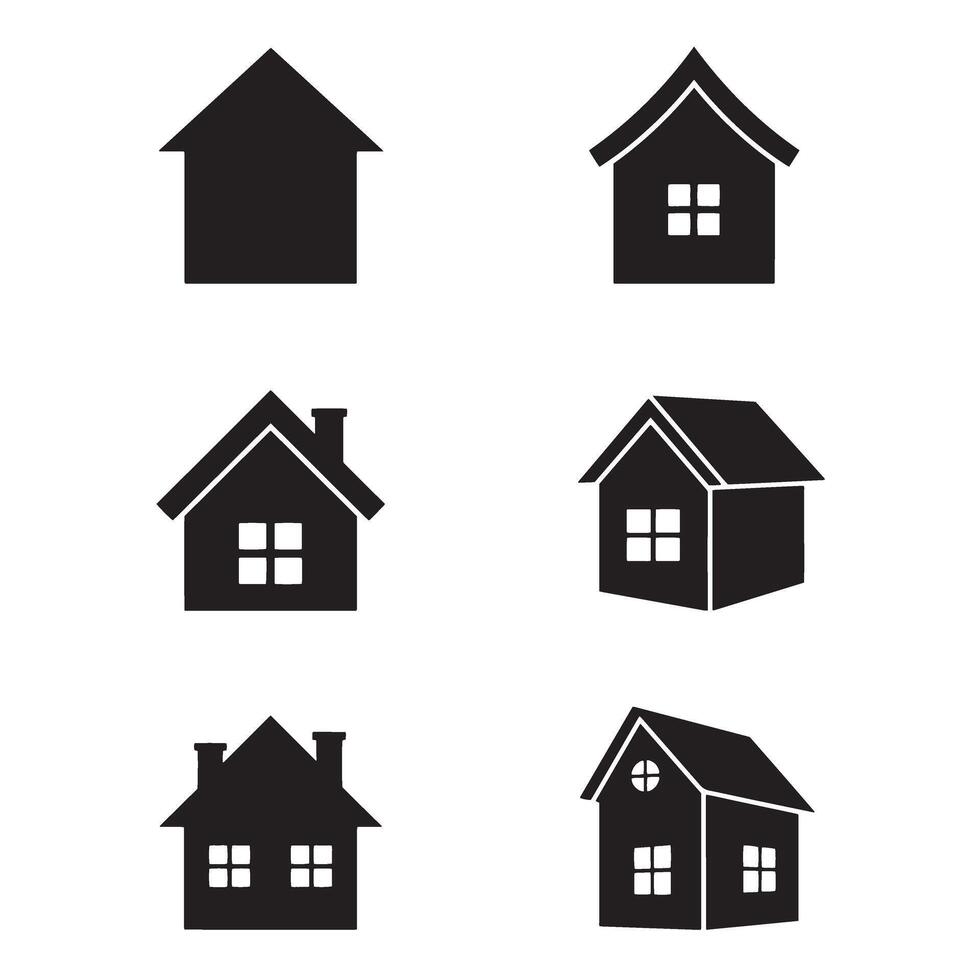 Collection of black and white silhouette house icons in various designs vector