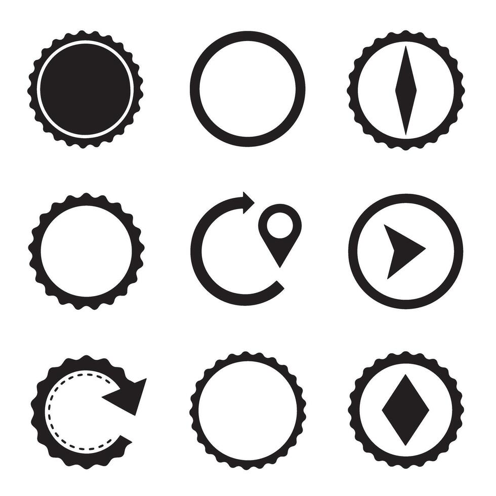 Collection of simple black and white silhouette icons and circular shapes for various design concepts vector