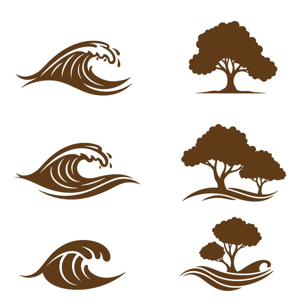Brown silhouette nature elements including trees and waves for logo design purposes vector