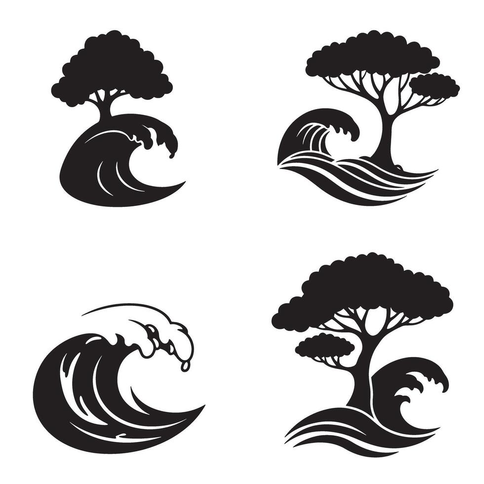Minimalist black silhouette illustrations of trees and waves for graphic design elements vector