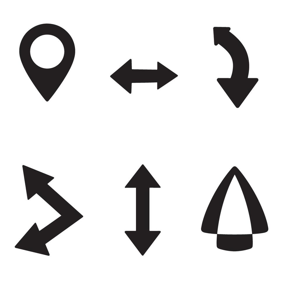 Simple black and white silhouette icons of directional arrows and location symbols vector