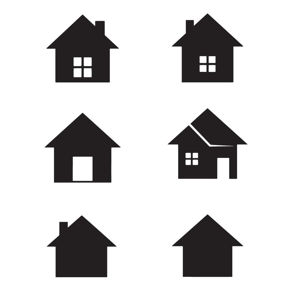 Collection of black silhouette house icons depicting various architectural styles and designs vector