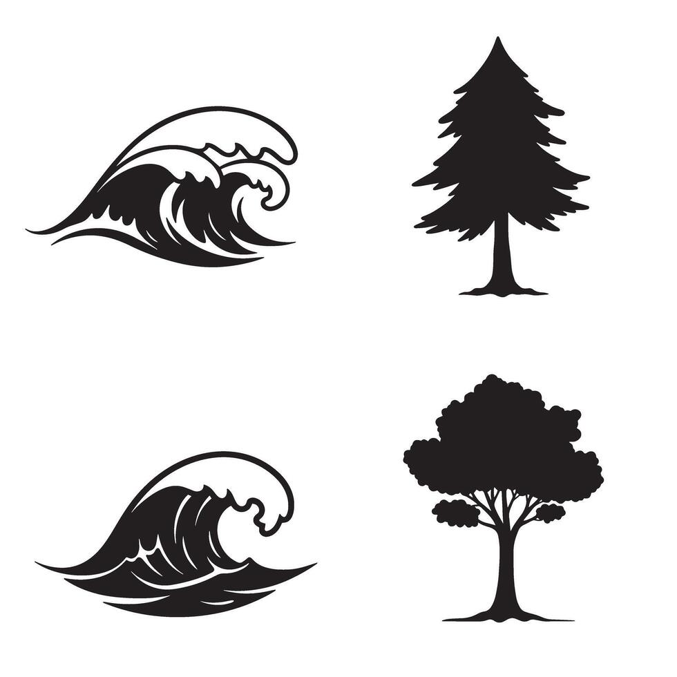 illustration of waves and trees in silhouette style for graphic design projects vector